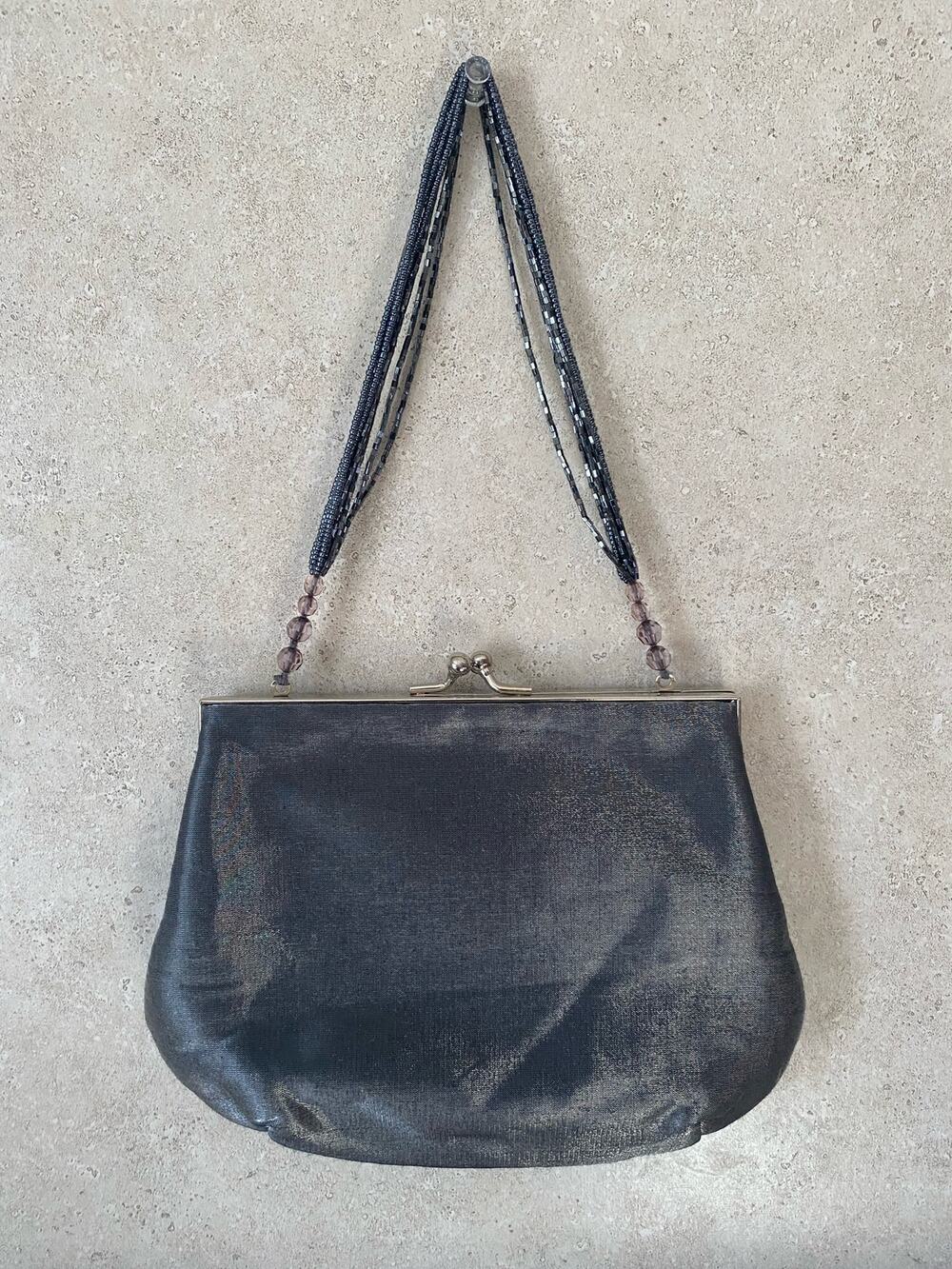 Hillard and Hanson Women's Dark Gray Satin Beaded Strap Metal Clasp Clutch Purse